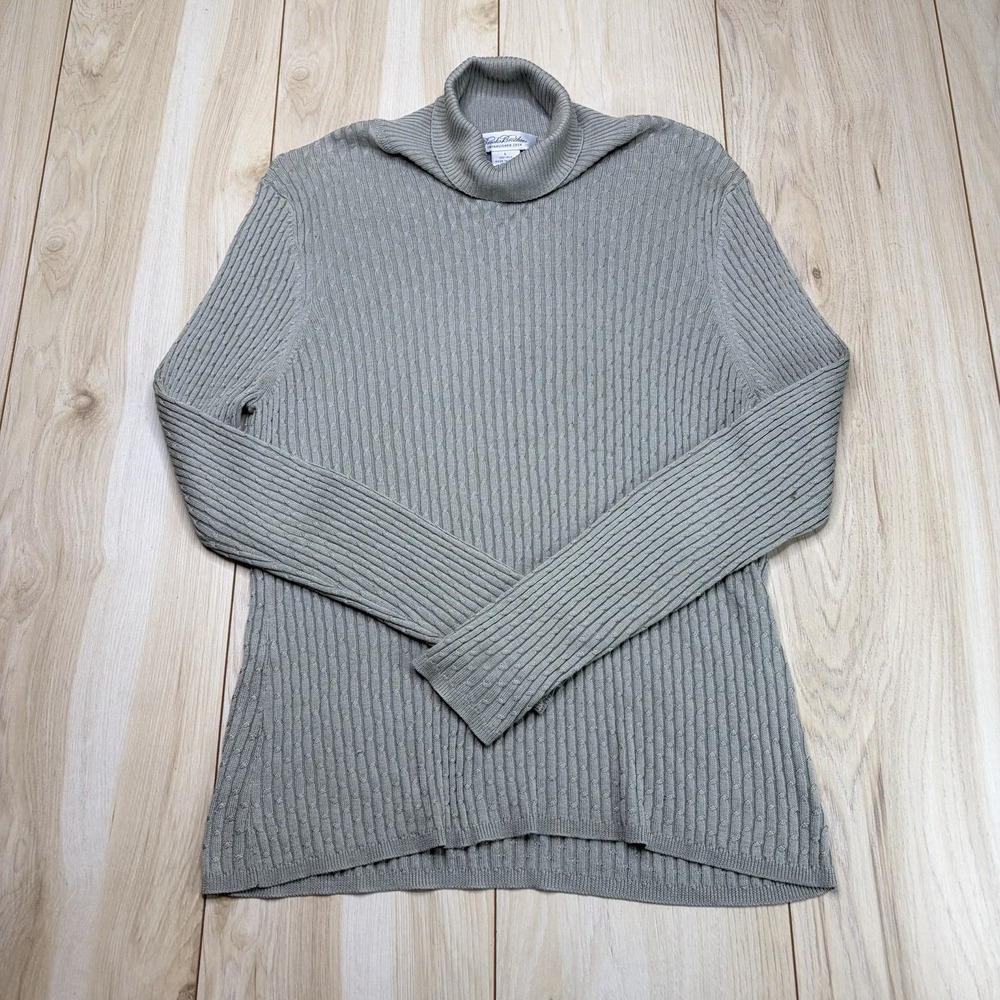 Brooks Brothers Mens Cable Knit 100% Silk Turtleneck Sweater Sage Gray Large